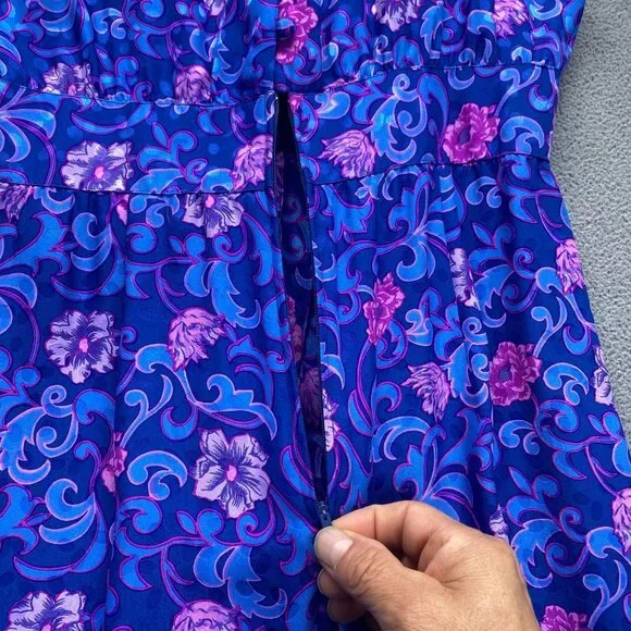 Vintage Maggie London 100% Silk Purple & Blue Floral Sheath Women's Size 12 Zipp
